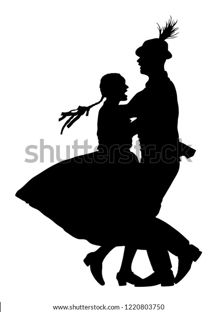 Hungarian folk dancers couple vector silhouette.\
Germany folk dancers couple in love. Austrian folk dancers couple.\
East Europe folklore. Balkan folk dancing. Traditional wedding\
folklore event.