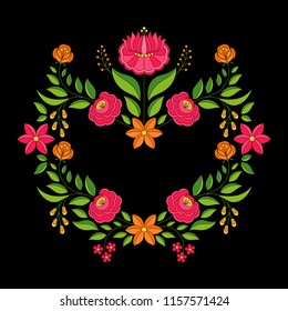Hungarian folk pattern vector frame. Kalocsa floral ethnic ornament. Slavic eastern european wreath print on black background. Traditional flower design vignette for vintage wedding invitation.