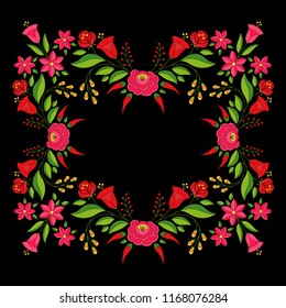 Hungarian folk pattern vector frame. Kalocsa floral ethnic ornament. Slavic eastern european embroidery print on black background. Vintage traditional flowers design for photo album.