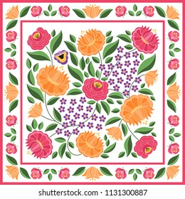 Hungarian folk pattern vector. Kalocsa floral ethnic ornament. Slavic eastern european print. Flower design for scarf bandana, pillow case, carpet textile, woman silk shawl, rug, gypsy medallion.