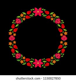 Hungarian folk pattern vector. Kalocsa floral ethnic ornament. Slavic eastern european frame print on black background. Traditional vintage flowers wreath design for party invitation or holiday card.