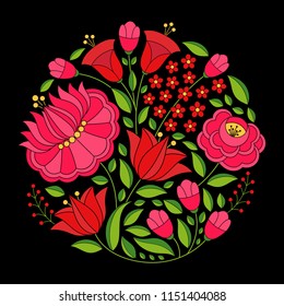 Hungarian folk pattern vector. Kalocsa floral ethnic ornament. Slavic eastern european print on black background. Vintage flower design for holiday cards, clothing embroidery, fashion label.