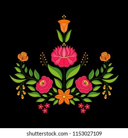 Hungarian folk pattern vector. Kalocsa floral ethnic ornament. Slavic eastern european print on black background. Vintage flower design for holiday party cards, wedding invitation, tag and label.