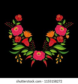 Hungarian folk pattern vector. Kalocsa floral ethnic ornament. Slavic eastern european print on black background. Traditional flower design for woman clothing embroidery, home textile, holiday cards.