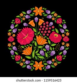 Hungarian folk pattern vector. Kalocsa floral ethnic ornament. Slavic eastern european circle print on black background. Vintage traditional flower design for home textile embroidery, holiday cards.