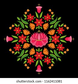 Hungarian folk pattern vector. Kalocsa floral ethnic ornament. Slavic eastern european print isolated on black background. Traditional vintage flower design for pillow case or clothing embroidery.