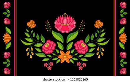 Hungarian folk pattern vector. Kalocsa floral ethnic ornament. Traditional slavic eastern european print on black background. Rectangular vintage flowers design for lumbar pillow case.