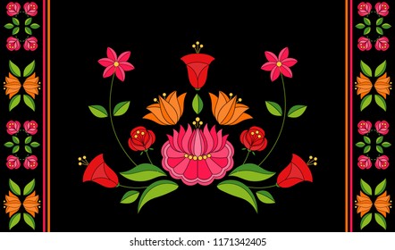 Hungarian folk pattern vector. Kalocsa floral ethnic ornament. Vintage slavic eastern european print on black background. Traditional flowers embroidery design for bolster pillow case.