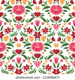 Hungarian Folk Pattern Vector Seamless. Kalocsa Floral Ethnic Ornament. Slavic Eastern European Print. Traditional Embroidery Flower Design For Boho Home Textile, Gypsy Woman Clothing, Wrapping Paper.