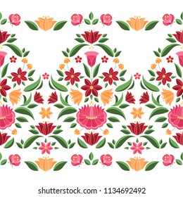 Hungarian folk pattern vector seamless border. Kalocsa embroidery floral ethnic ornament. Slavic eastern european print isolated. Vintage traditional flower design for woman clothing.