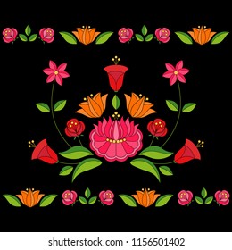 Hungarian Folk Pattern Vector Seamless Borders On Black Background. Kalocsa Embroidery Floral Ethnic Ornament. Slavic Eastern European Print Isolated. Traditional Vintage Flower Design.