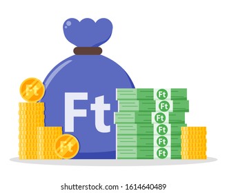 Hungarian Forint money bundle and coin stack sack bag vector icon logo and design. Hungary currency business, payment and finance element. Can be used for web, mobile, infographic & print.
