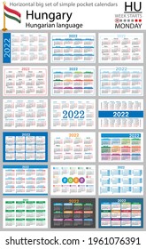 Hungarian horizontal Big set of pocket calendars for 2022 (two thousand twenty two). Week starts Monday. New year. Color simple design. Vector