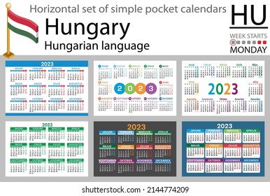 Hungarian horizontal pocket calendar for 2023 (two thousand twenty three). Week starts Monday. New year. Color simple design. Vector
