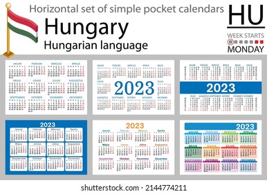 Hungarian horizontal pocket calendar for 2023 (two thousand twenty three). Week starts Monday. New year. Color simple design. Vector