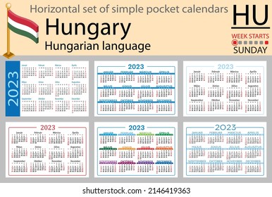 Hungarian horizontal pocket calendar for 2023 (two thousand twenty three). Week starts Sunday. New year. Color simple design. Vector