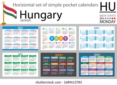 Ungarische horizontale Reihe von Taschenkalendern für 2021 (zweitausendzwanzig Eins). Die Woche beginnt Montag. Neues Jahr. Farbloses Design. Vektorillustration