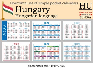 Hungarian horizontal set of pocket calendars for 2022 (two thousand twenty two). Week starts Sunday. New year. Color simple design. Vector