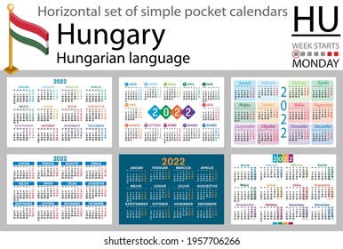 Hungarian horizontal set of pocket calendars for 2022 (two thousand twenty two). Week starts Monday. New year. Color simple design. Vector