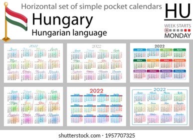 Hungarian horizontal set of pocket calendars for 2022 (two thousand twenty two). Week starts Monday. New year. Color simple design. Vector