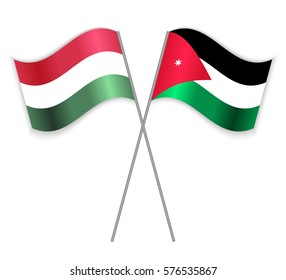 Hungarian and Jordanian crossed flags. Hungary combined with Jordan isolated on white. Language learning, international business or travel concept.
