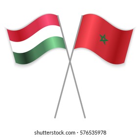 Hungarian and Moroccan crossed flags. Hungary combined with Morocco isolated on white. Language learning, international business or travel concept.