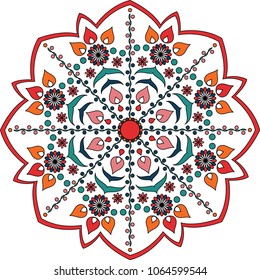 Hungarian motifs mandala. Adult coloring page. Red, orange and green colors. Vector illustration. 