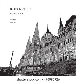 Hungarian Parliament in Budapest. Vector illustration.
EPS 10. Image reworked after Auto-Trace for easy editing..