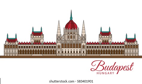 Hungarian Parliament Building also known as House of the Country and House of the Nation. The symbol of Budapest, Hungary. Vector linear Icon for travel agency.