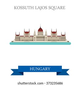 Hungarian Parliament Building Kossuth Lajos Square in Budapest Hungary. 
Flat cartoon style historic showplace landmarks web site vector illustration. World countries cities travel collection.