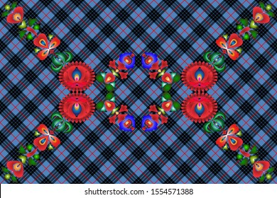 Hungarian patterns on a checkered background. Creative option for new types of fabrics with a national ornament. The basis is MacKay tartan
