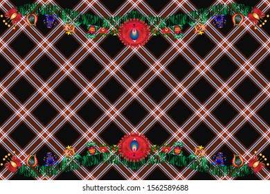 Hungarian patterns on a checkered background. Creative option for new types of fabrics with a national ornament