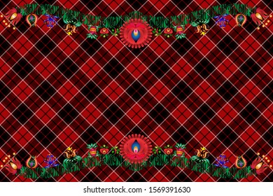 Hungarian patterns on a checkered background. Creative option for new types of fabrics with a national ornament The basis is University of Georgia tartan