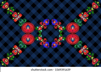Hungarian patterns on a checkered background. Creative option for new types of fabrics with a national ornament
