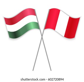 Hungarian and Peruvian crossed flags. Hungary combined with Peru isolated on white. Language learning, international business or travel concept.