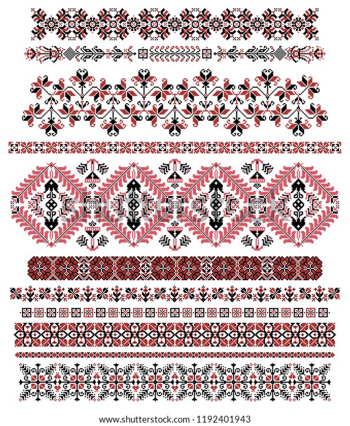 Hungarian pixel pattern borders set for\
cross-stitch. Vector design element\
collection