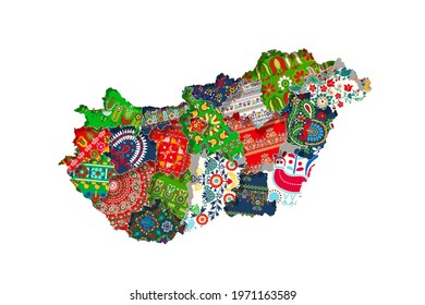 Hungarian regional map covered in various embroidery symbols