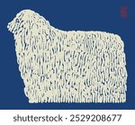 Hungarian sheep dog hand drawn brush line duotone background, simple cute and funny animal background on indigo blue with space for copy, good for stationary, poster, textile, towel