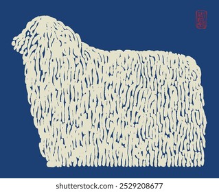 Hungarian sheep dog hand drawn brush line duotone background, simple cute and funny animal background on indigo blue with space for copy, good for stationary, poster, textile, towel