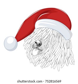 Hungarian sheepdog wearing Christmas hat and panting. Hand drawn holiday dog sketch isolated on white background.