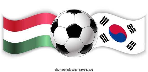 Hungarian and South Korean wavy flags with football ball. Hungary combined with South Korea isolated on white. Football match or international sport competition concept.