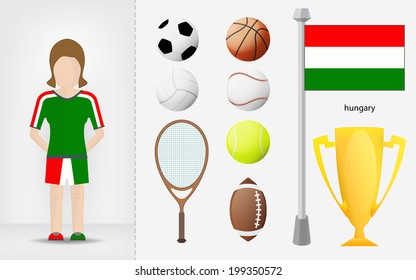 Hungarian sportswoman with sport equipment collection vector illustrations