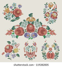 Hungarian traditional flowers decoration. Vintage style flower elements.