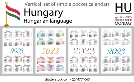 Hungarian vertical pocket calendar for 2023 (two thousand twenty three). Week starts Monday. New year. Color simple design. Vector