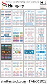 Hungarian vertical set of pocket calendars for 2021 (two thousand twenty one). Week starts Monday. New year. Color simple design. Vector