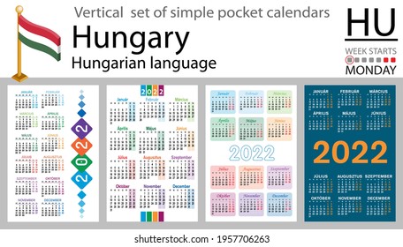 Hungarian vertical set of pocket calendars for 2022 (two thousand twenty two). Week starts Monday. New year. Color simple design. Vector