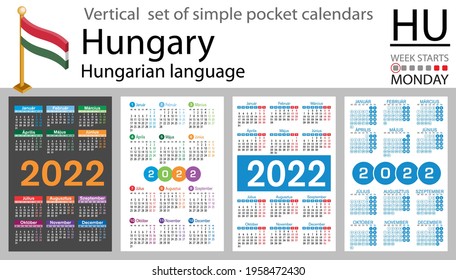 Hungarian vertical set of pocket calendars for 2022 (two thousand twenty two). Week starts Monday. New year. Color simple design. Vector