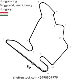 "Hungaroring" en Mogyoród, Condado de Pest, Hungría. Circuito de arte vectorial con límites reales de asfalto, giros y nombres de turno. Pista de carreras de coches y versión de fórmula. GP de Hungría.