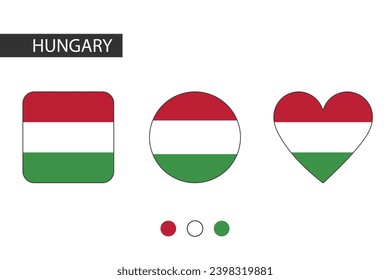 Hungary 3 shapes (square, circle, heart) with city flag. Isolated on white background.