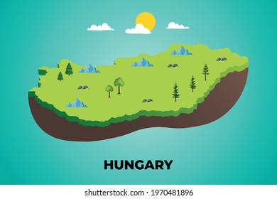 Hungary 3d isometric map with topographic details mountains, trees and soil vector illustration design